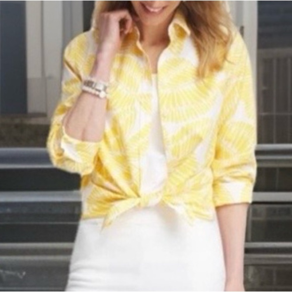 CHICO’S No Iron™ Stretch Palms Yellow & White  Button Up Long Sleeve Dress Shirt